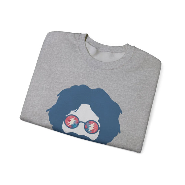 Sport grey folded crewneck sweatshirt with blue face graphic and sunglasses print