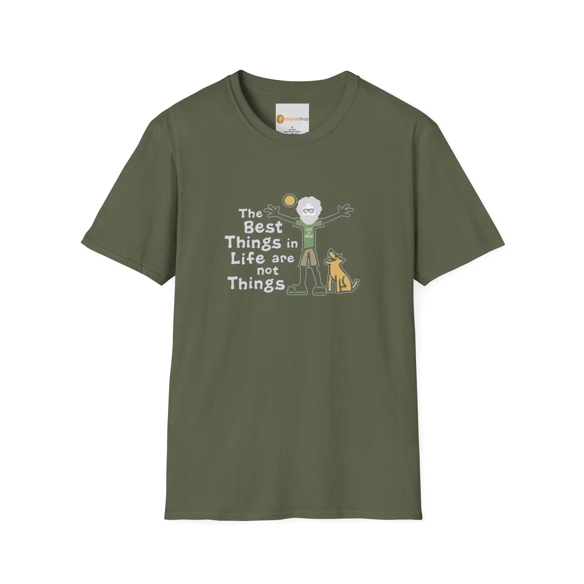 Military green graphic T-shirt with crew neck and short sleeves, front slogan and animal art