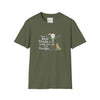 Military green graphic T-shirt with crew neck and short sleeves, front slogan and animal art