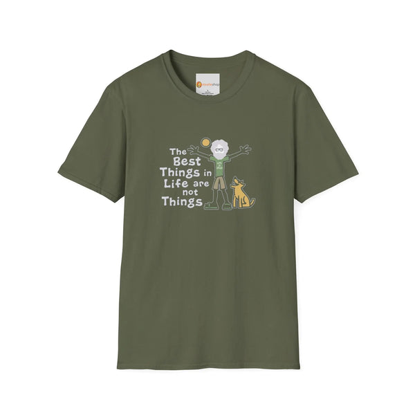 Military green graphic T-shirt with crew neck and short sleeves, front slogan and animal art