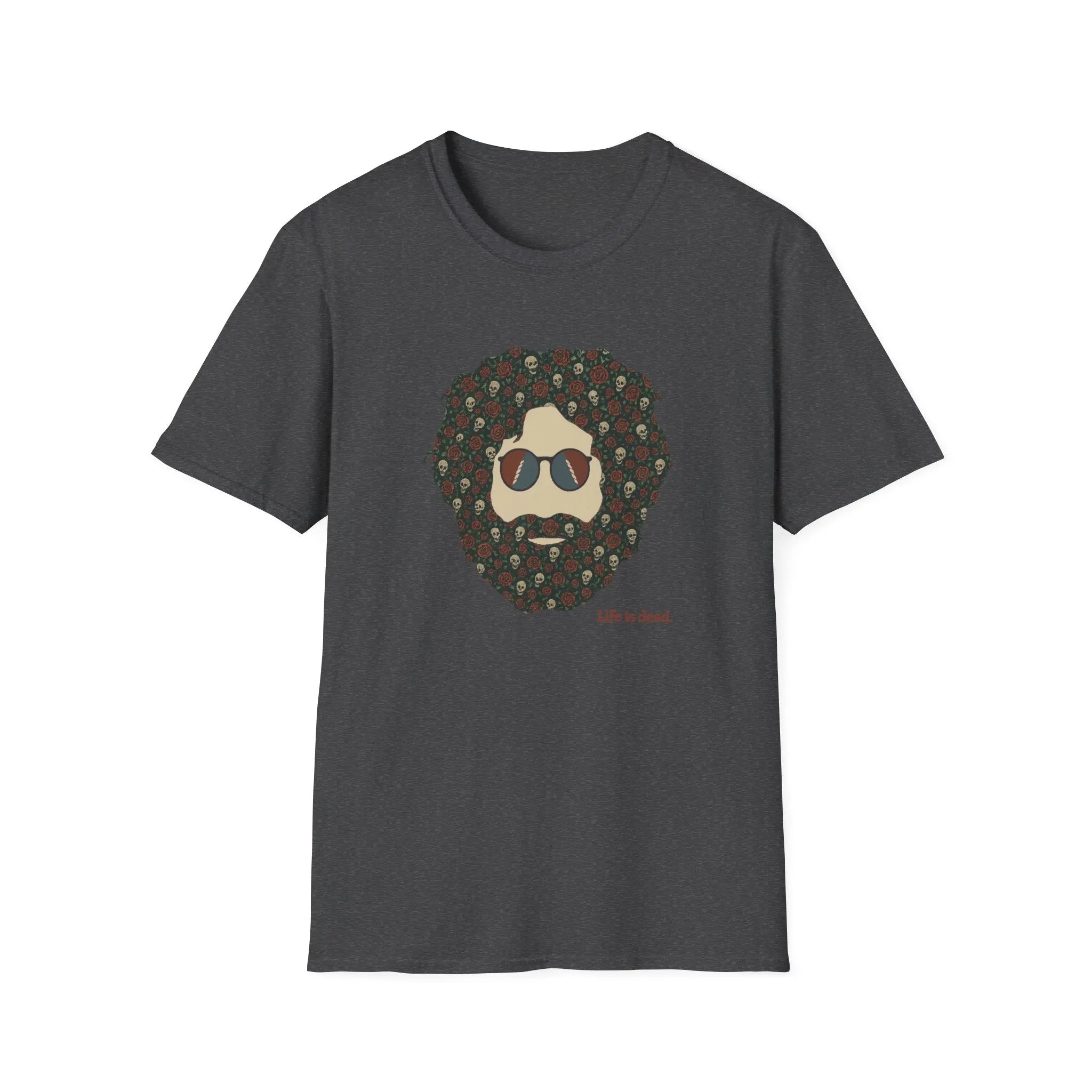 Dark heather crewneck T-shirt with bearded skull graphic front print