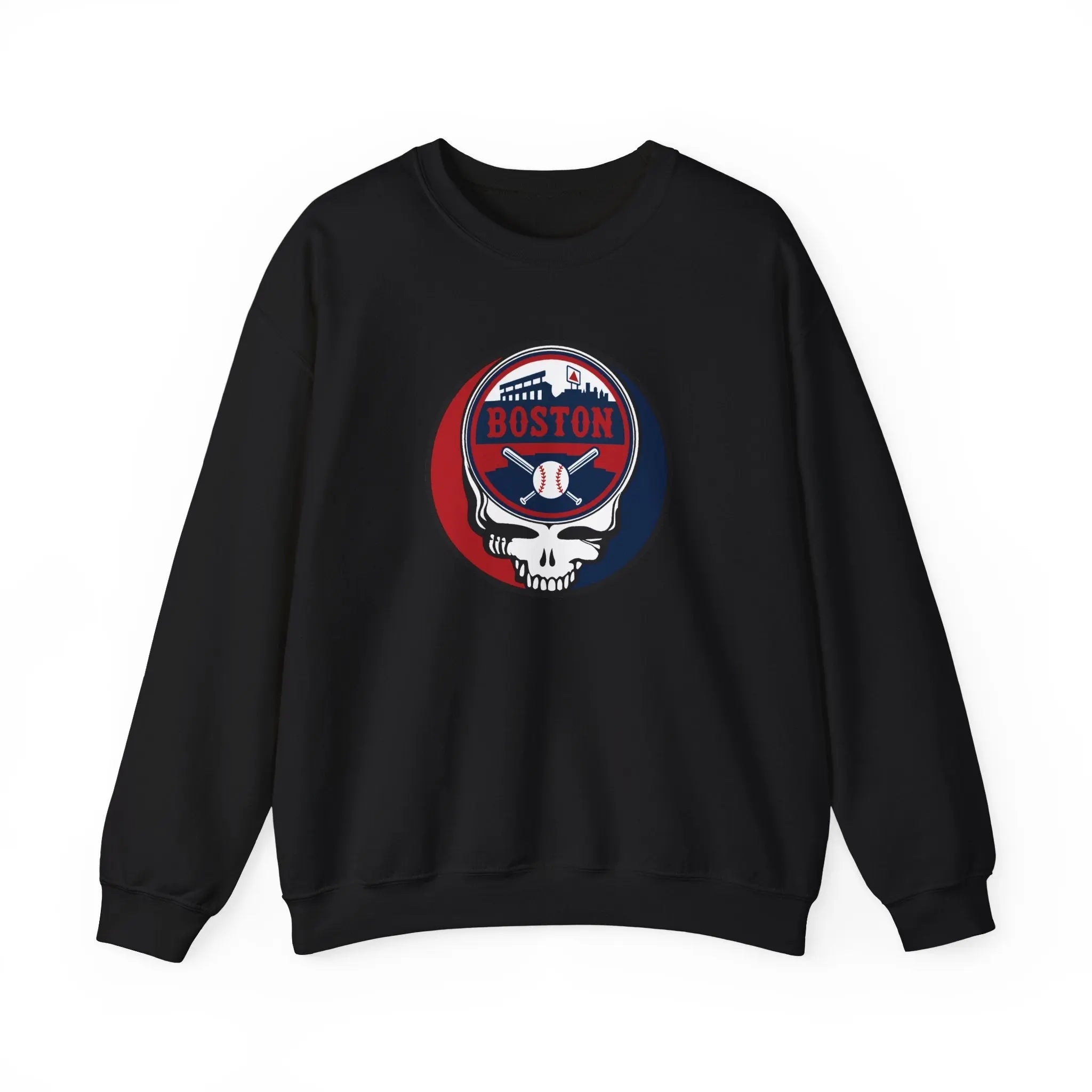 Black crewneck sweatshirt with circular Boston skull logo at center chest