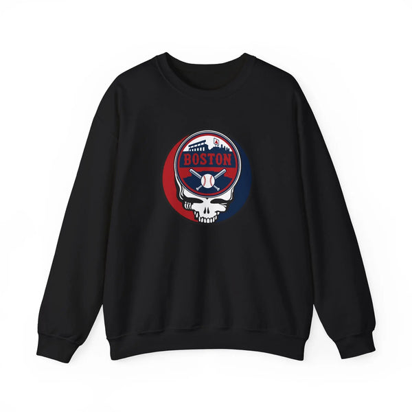 Black crewneck sweatshirt with circular Boston skull logo at center chest
