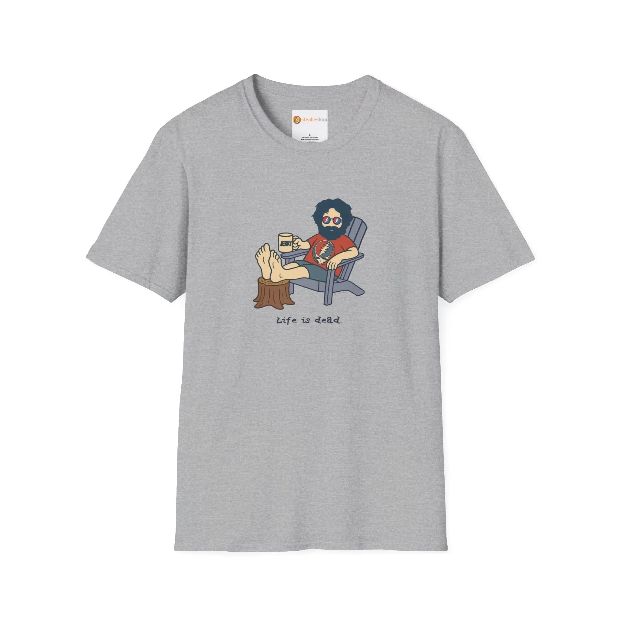 Sport grey graphic T-shirt with crew neck and illustrated seated character on front
