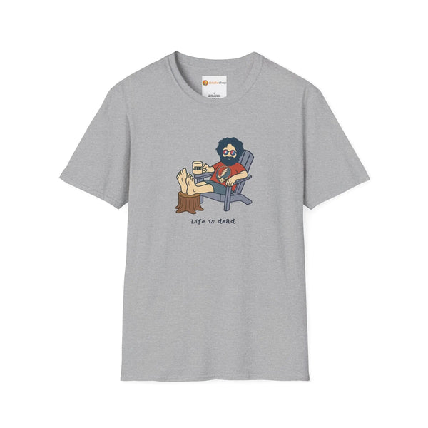 Sport grey graphic T-shirt with crew neck and illustrated seated character on front