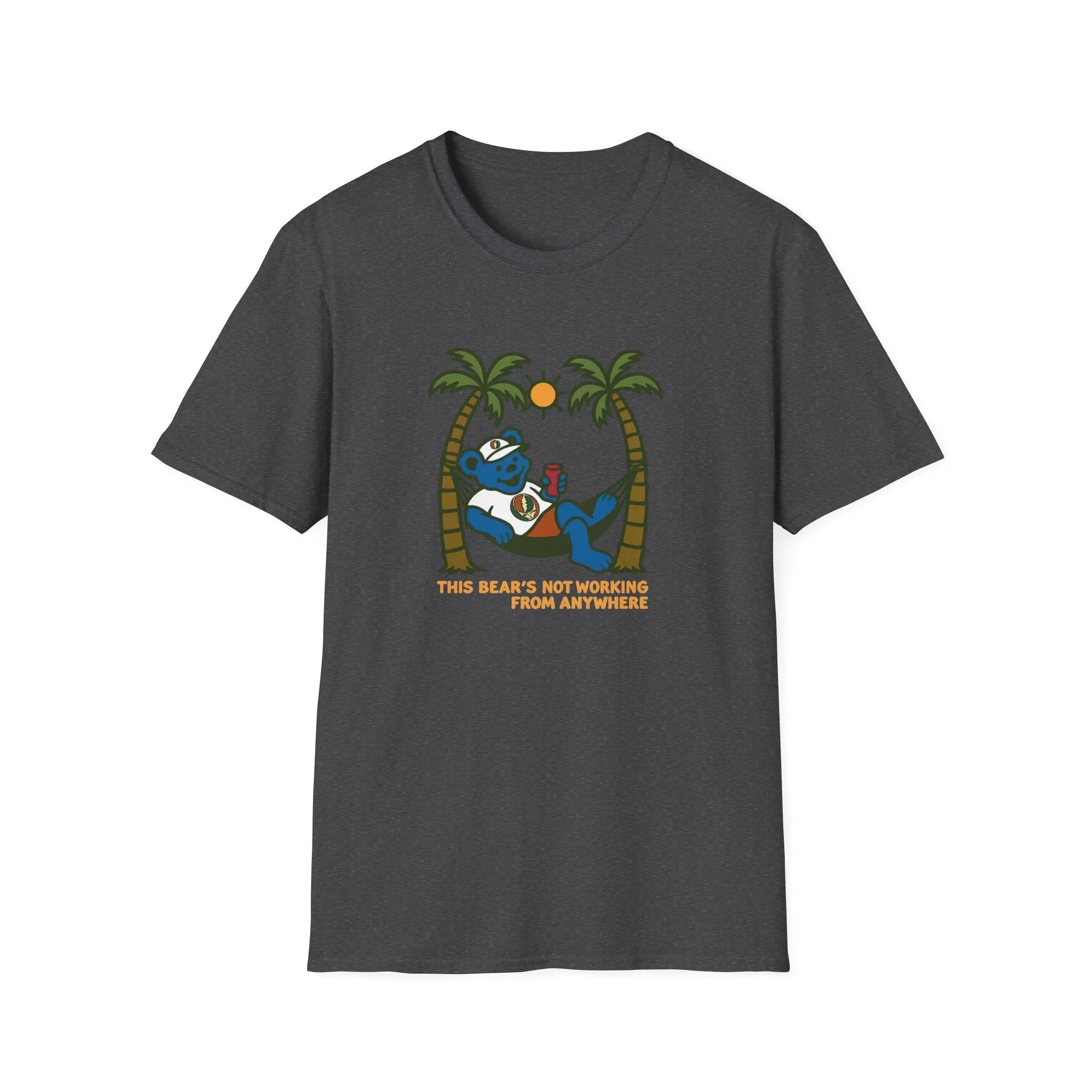 Dark gray graphic T-shirt with bear illustration and palm trees, crew neck short sleeves