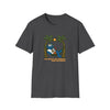 Dark gray graphic T-shirt with bear illustration and palm trees, crew neck short sleeves