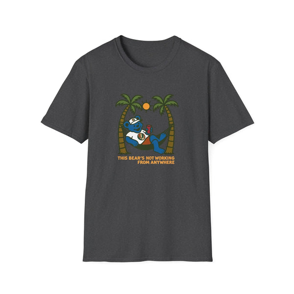 Dark gray graphic T-shirt with bear illustration and palm trees, crew neck short sleeves