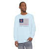 Light blue long-sleeve t-shirt with chest flag graphic and Life is dead print
