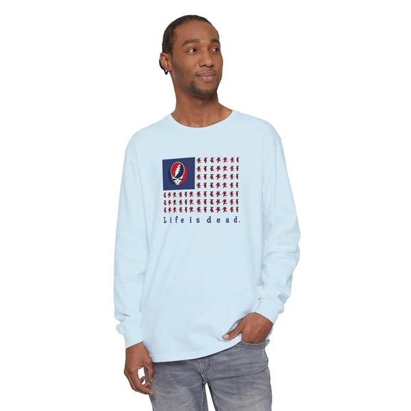 Light blue long-sleeve t-shirt with chest flag graphic and Life is dead print