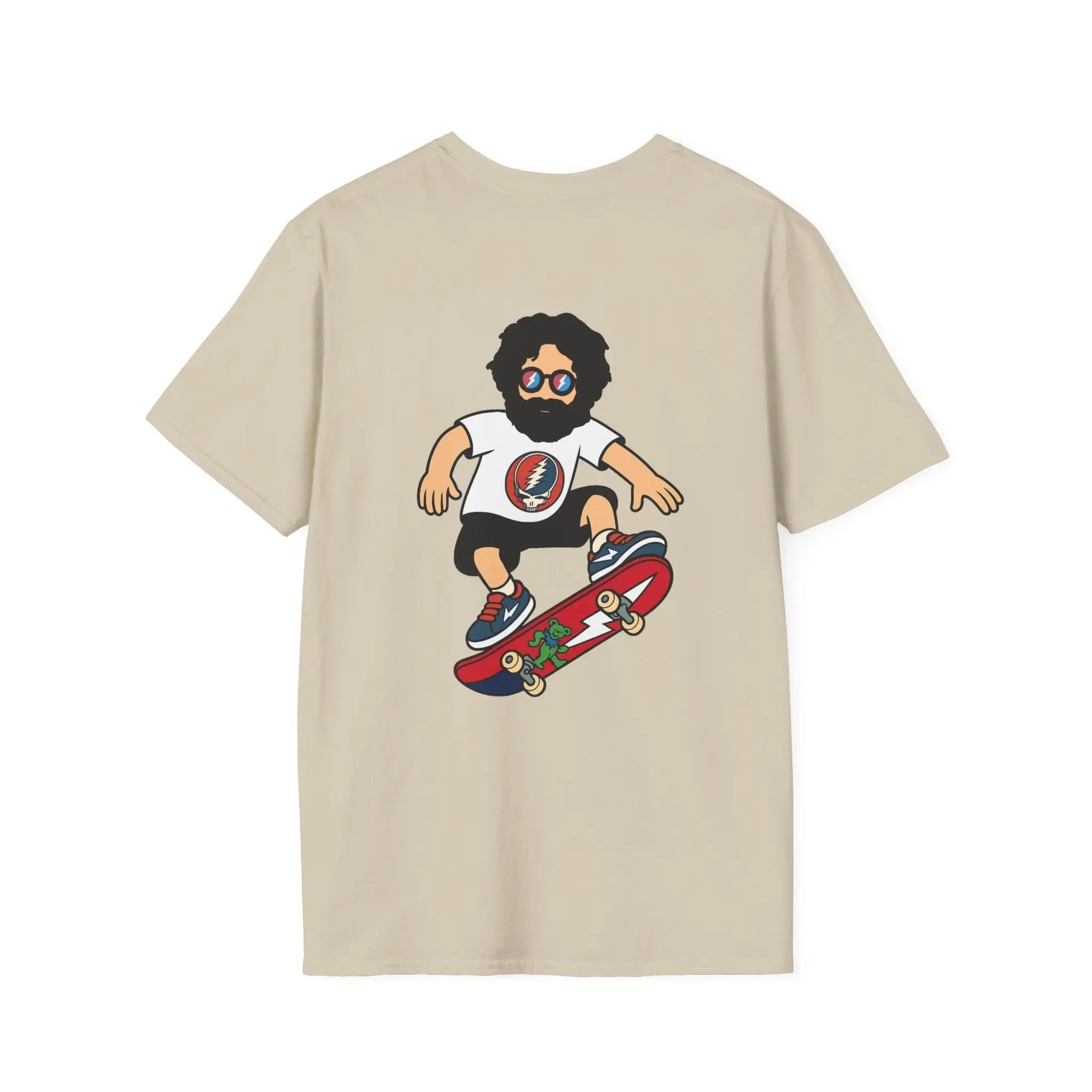 Sand crewneck t-shirt with cartoon skater graphic and red skateboard print