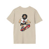Sand crewneck t-shirt with cartoon skater graphic and red skateboard print