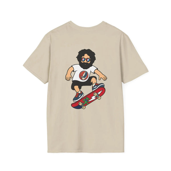 Sand crewneck t-shirt with cartoon skater graphic and red skateboard print
