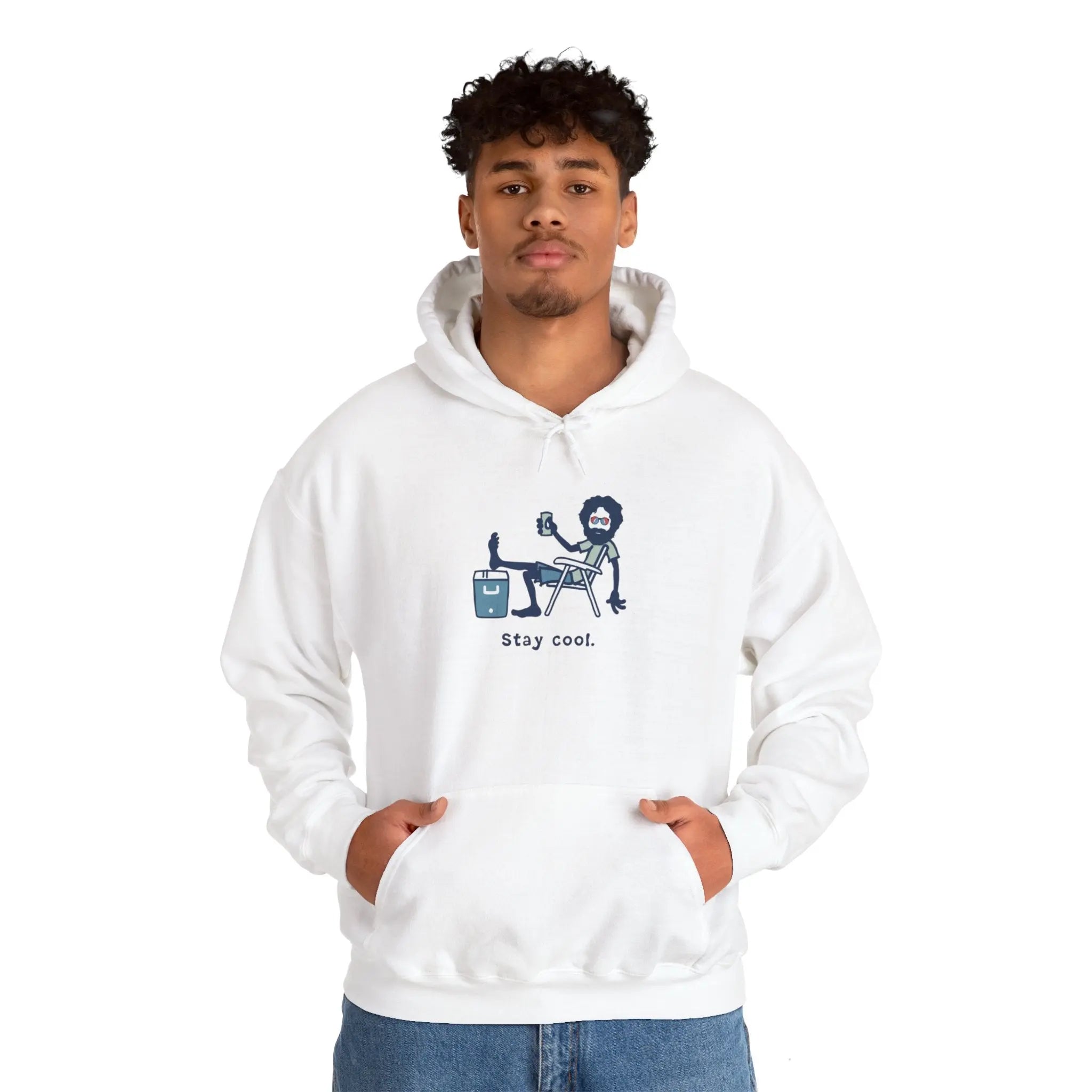 White pullover hoodie with kangaroo pocket and Stay cool illustrated chest graphic
