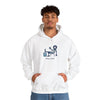 White pullover hoodie with kangaroo pocket and Stay cool illustrated chest graphic