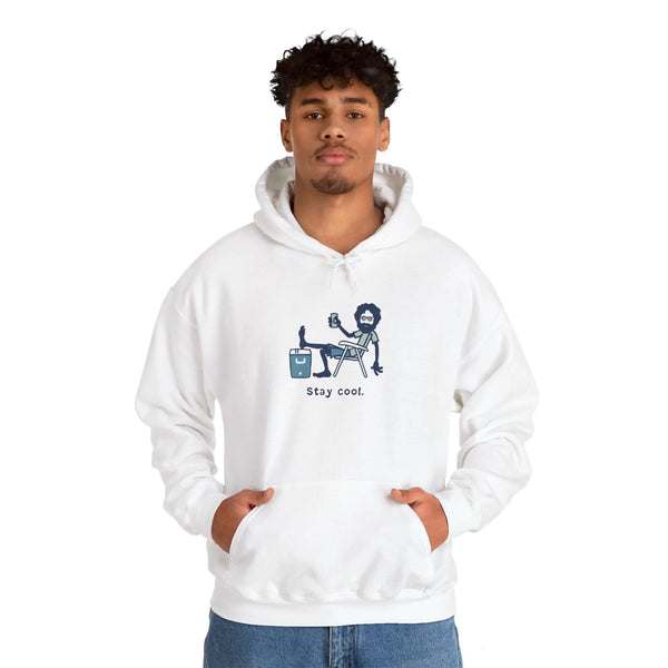 White pullover hoodie with kangaroo pocket and Stay cool illustrated chest graphic