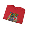 Red crewneck sweatshirt with front band logo graphic print