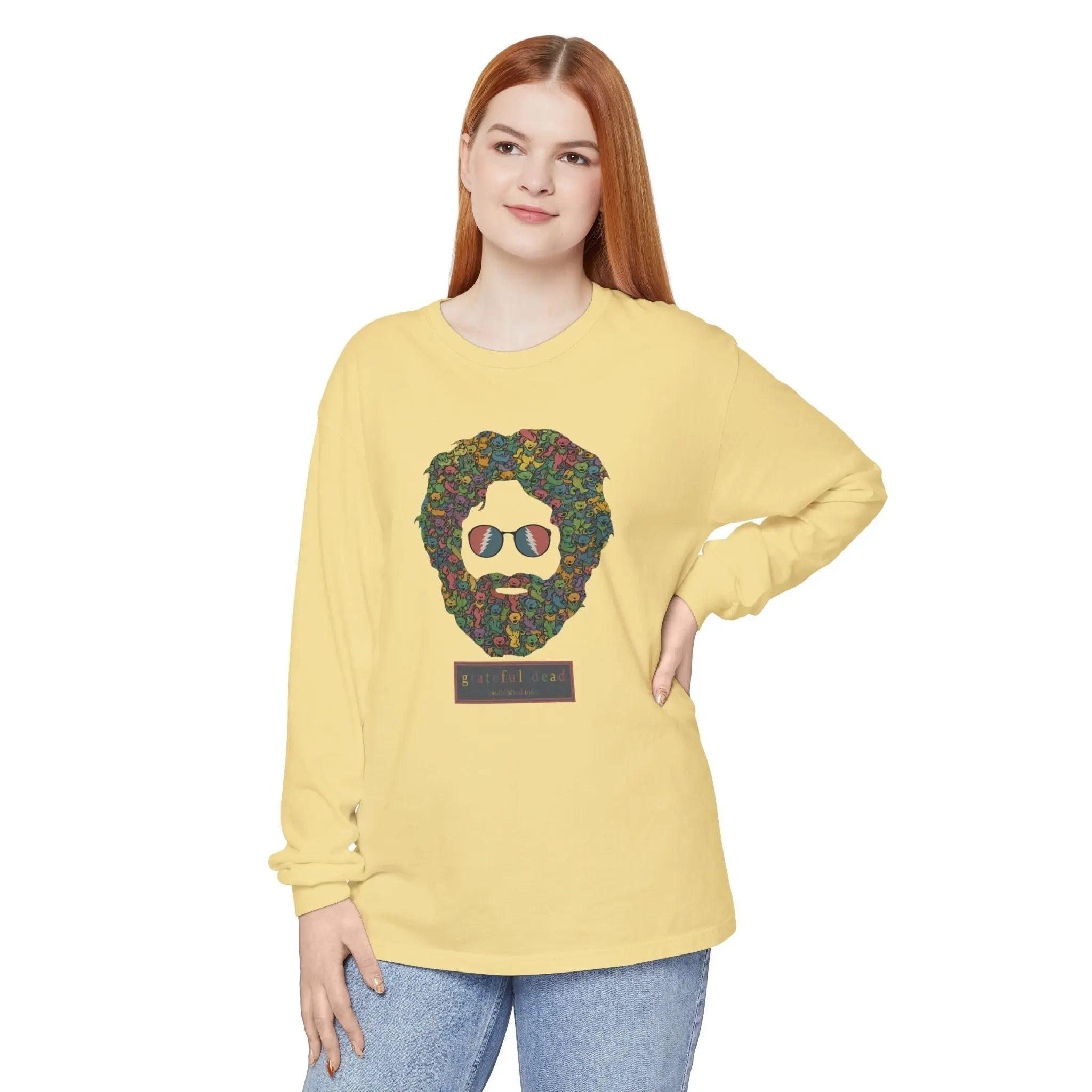 Women's long-sleeve T-shirt in butter yellow with colorful bearded face graphic