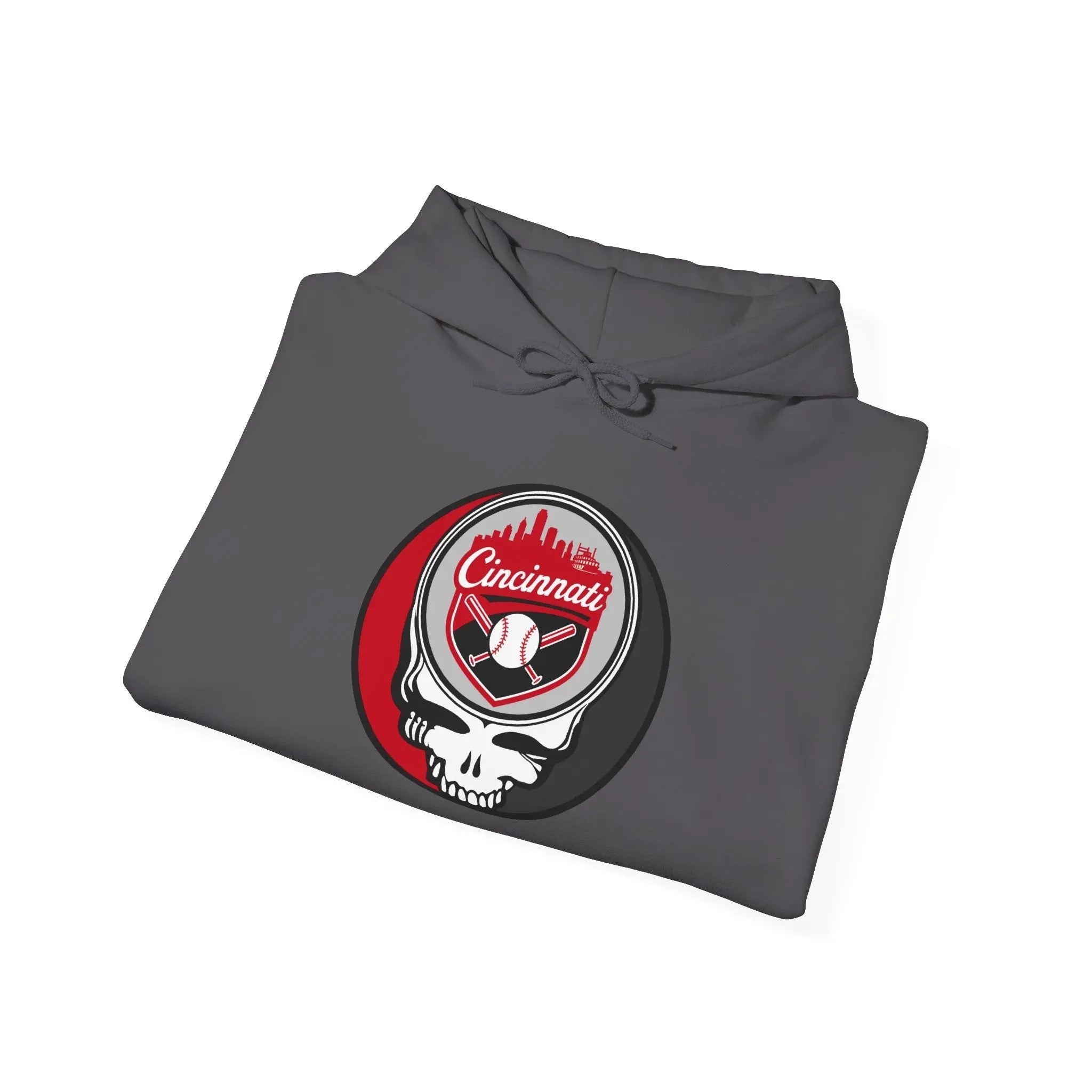 Folded charcoal Cincinnati logo hoodie with drawstring hood and front kangaroo pocket