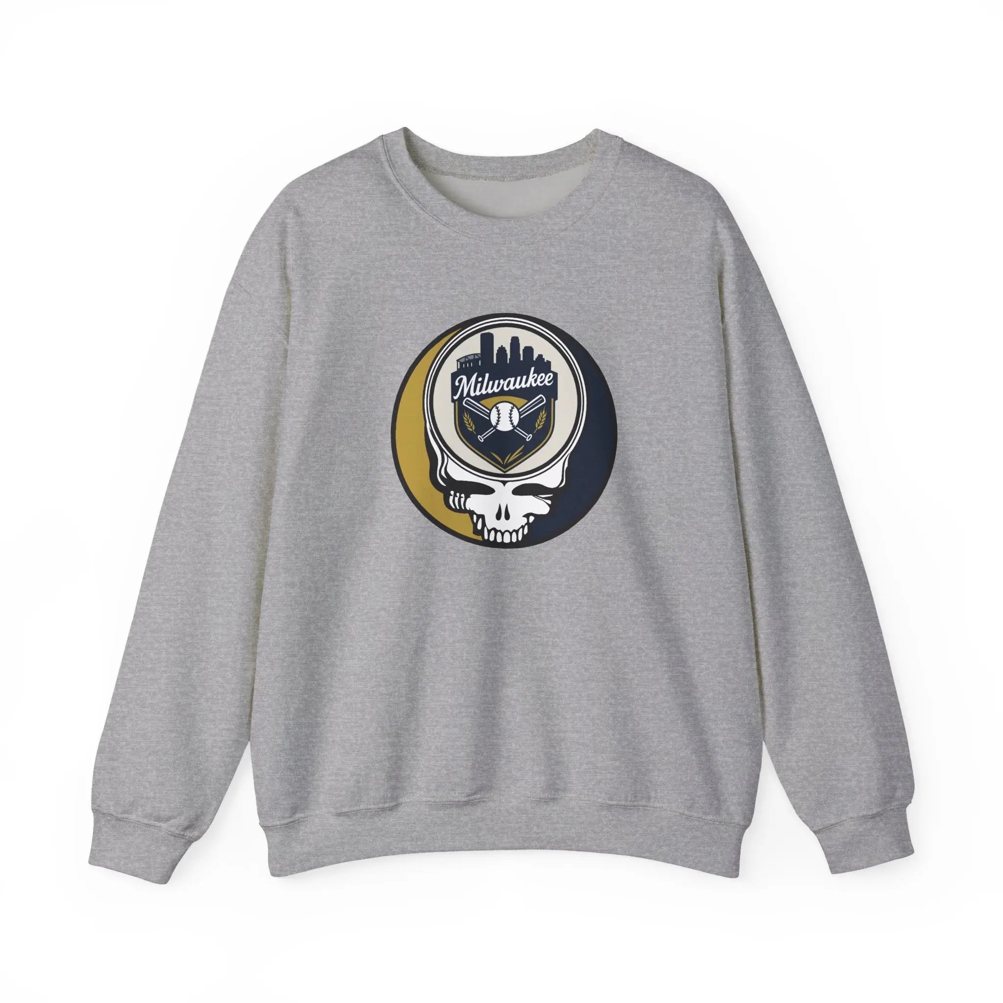 Sport grey crewneck sweatshirt with circular Milwaukee skull logo graphic