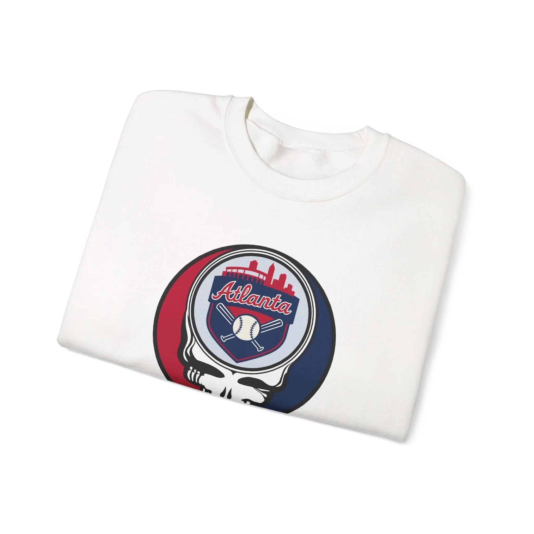 White crewneck sweatshirt with large Atlanta emblem graphic on front