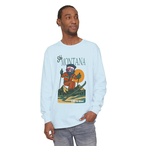 Light blue long-sleeve T-shirt with Ski Montana skier graphic, crew neck.