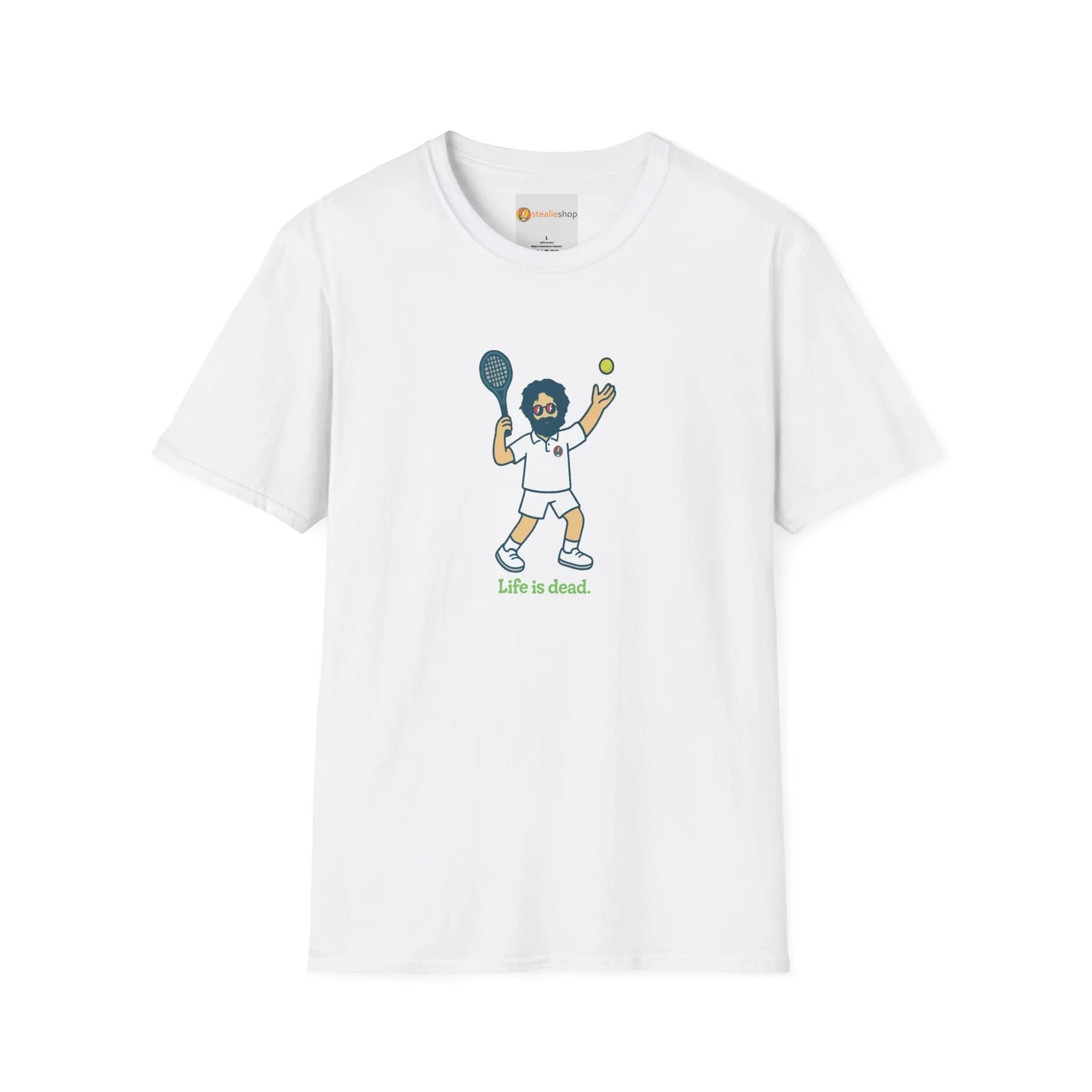 White graphic T-shirt with cartoon tennis player front print