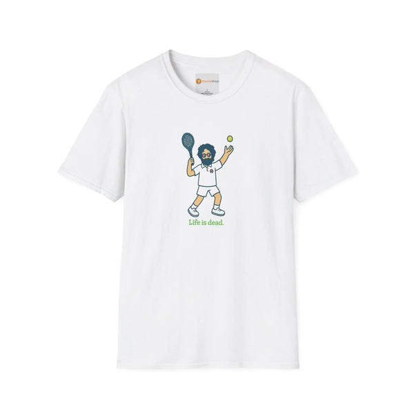 White men's graphic T-shirt with cartoon 'Life is dead.' print