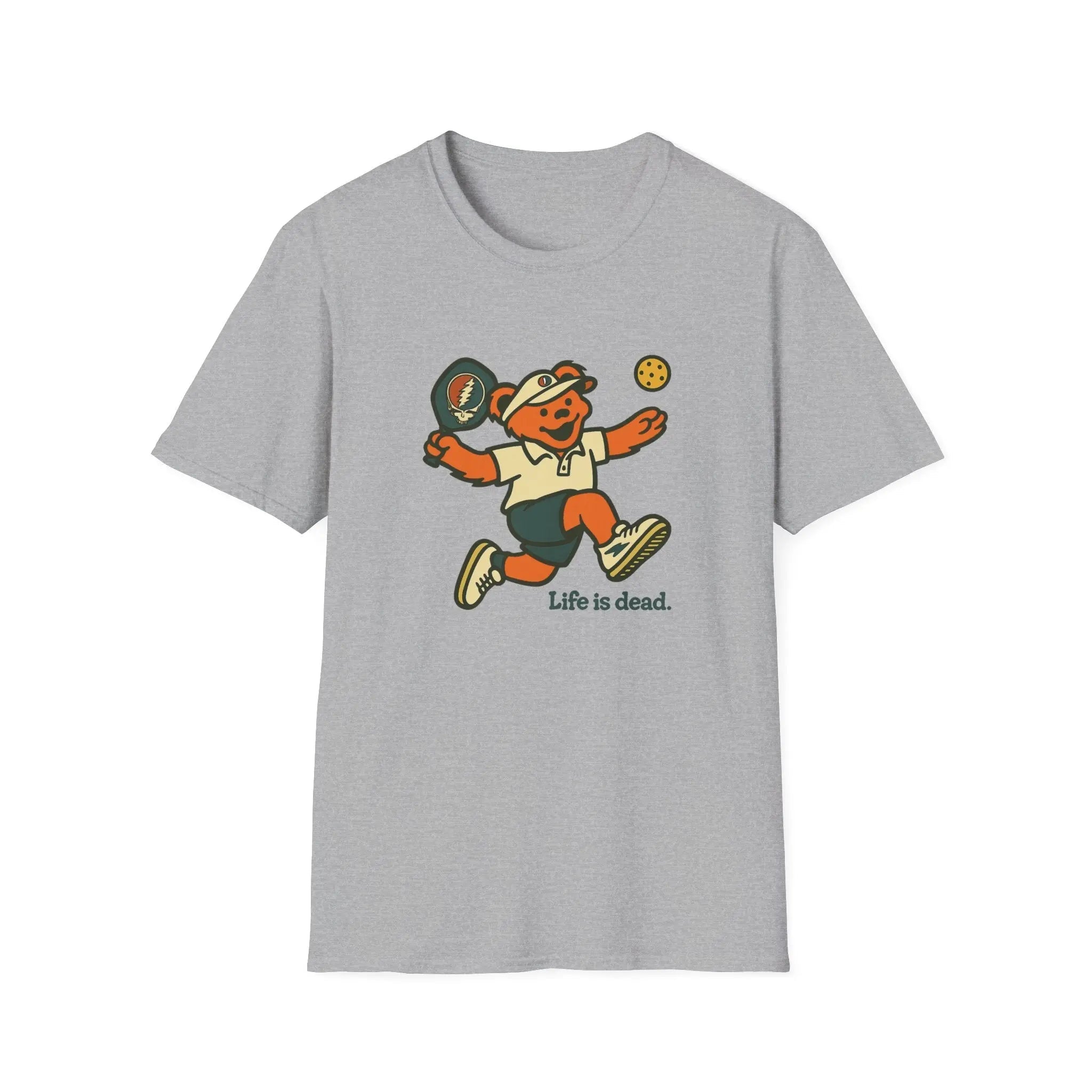 Sport grey crewneck t-shirt with running bear holding pickleball paddle and 'Life is dead.'