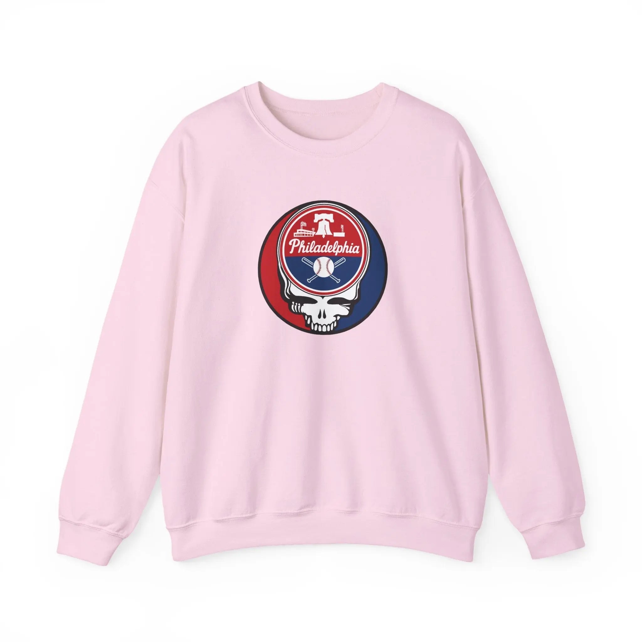 Light pink crewneck sweatshirt with circular Stealie skull emblem on chest