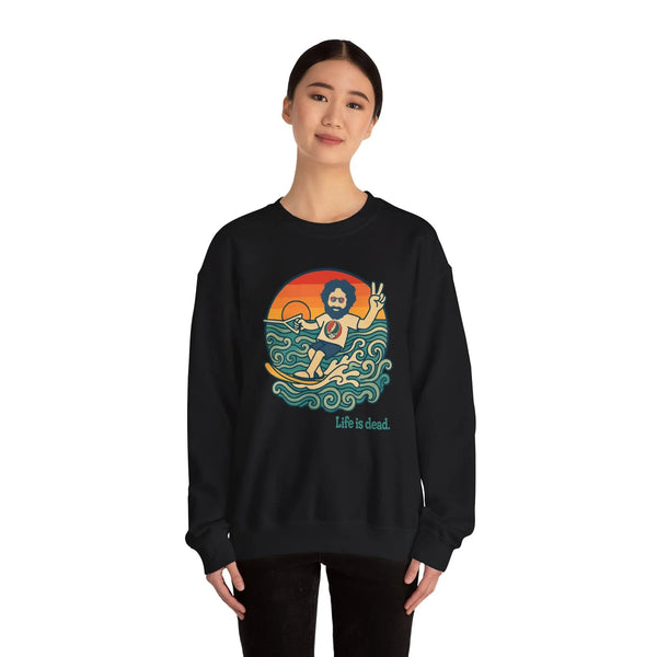 Black crewneck sweatshirt with colorful sea and figure graphic