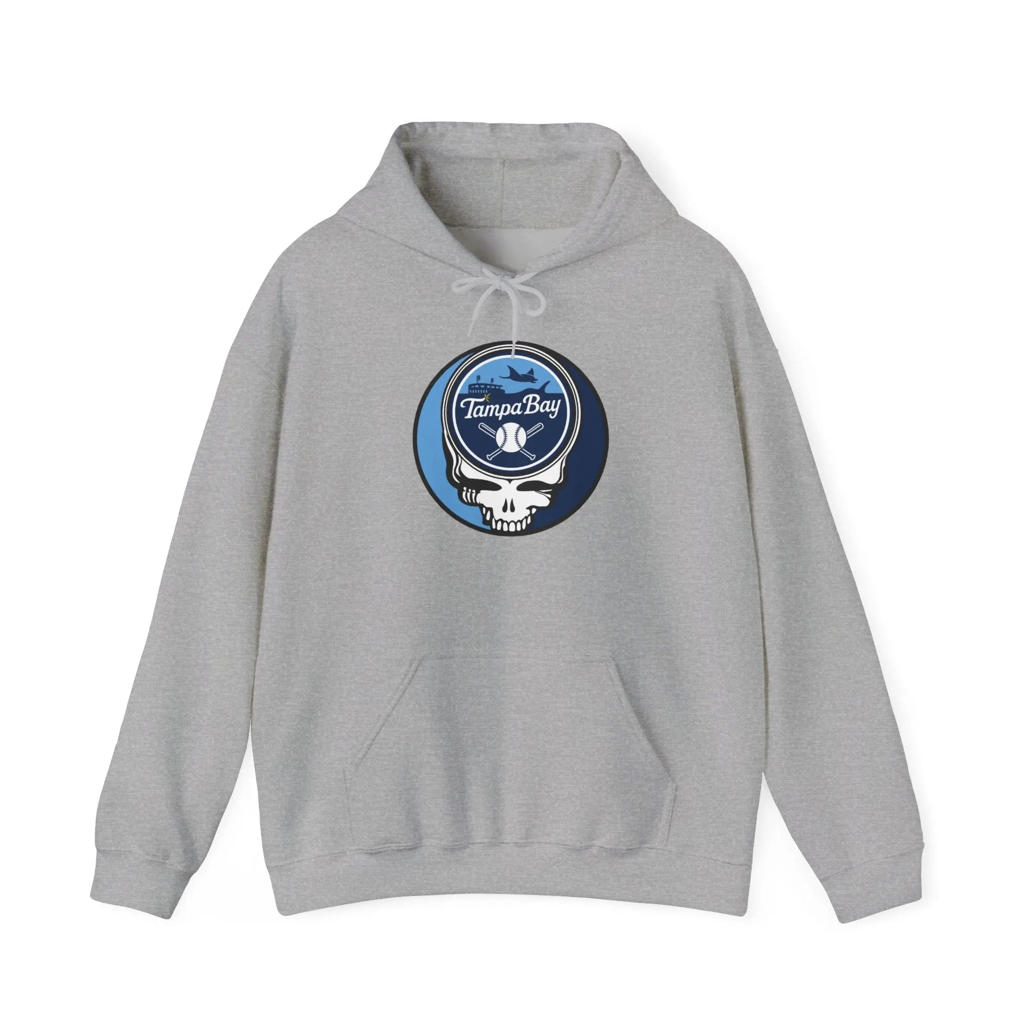 Heather gray Tampa Bay Rays hoodie with kangaroo pocket, drawstring hood, and team logo