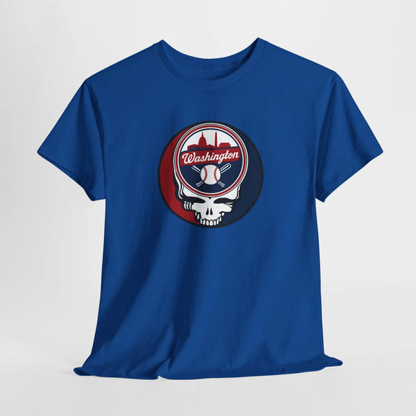 Royal blue crewneck T-shirt with circular Washington baseball skull logo graphic