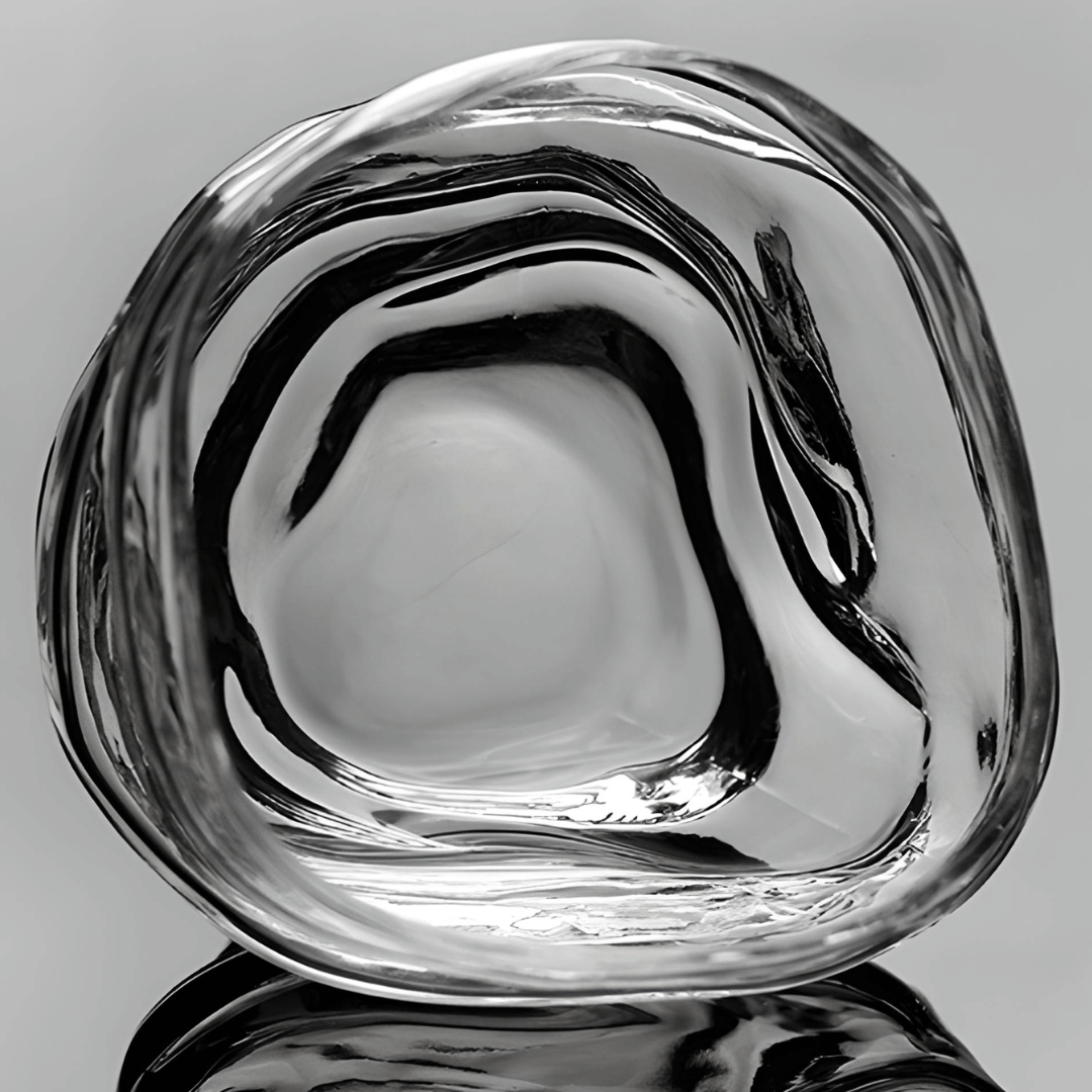 Crystal whisky glass viewed from above, clear glass with dark curved ripples.