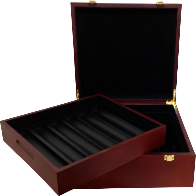 Mahogany poker chip case with hinged lid open, black liner and lined chip tray slots