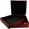 Mahogany poker chip case with hinged lid open, black liner and lined chip tray slots
