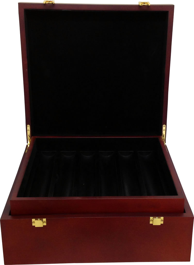 Mahogany poker chip case with lid open, black interior lining and foam chip dividers