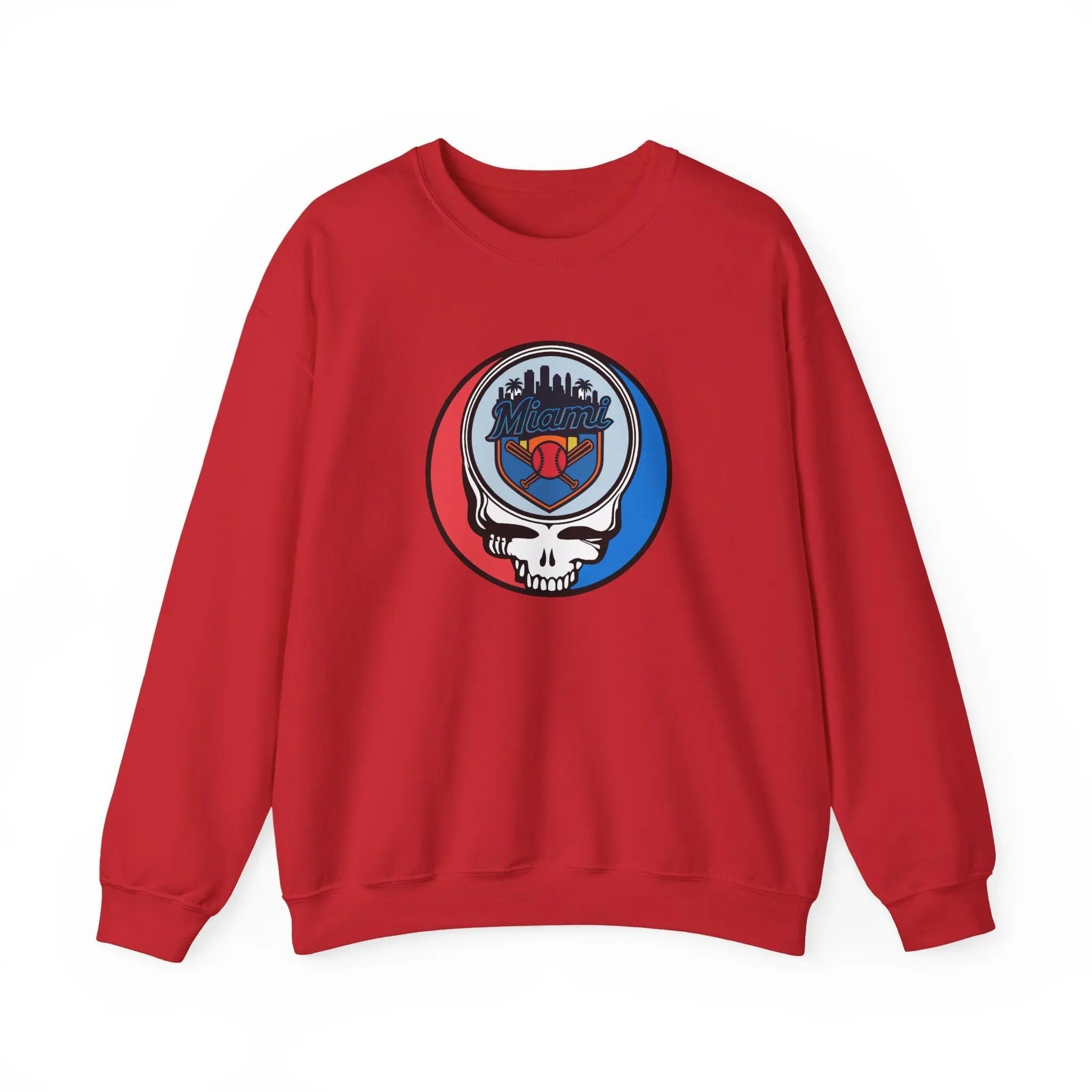 Red crewneck sweatshirt with Miami Marlins skull emblem graphic