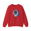 Red crewneck sweatshirt with Miami Marlins skull emblem graphic