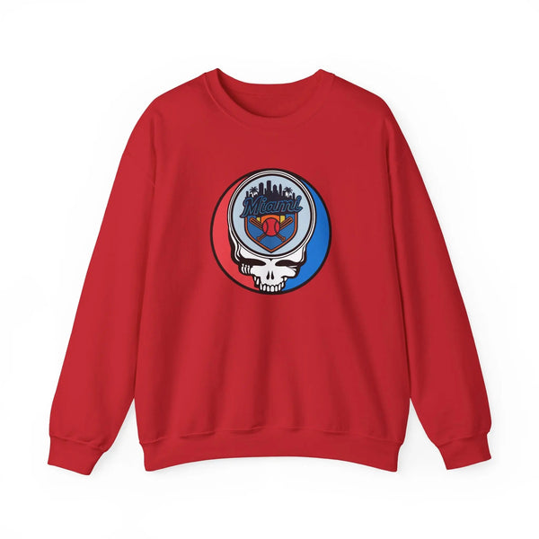 Red crewneck sweatshirt with Miami Marlins skull emblem graphic