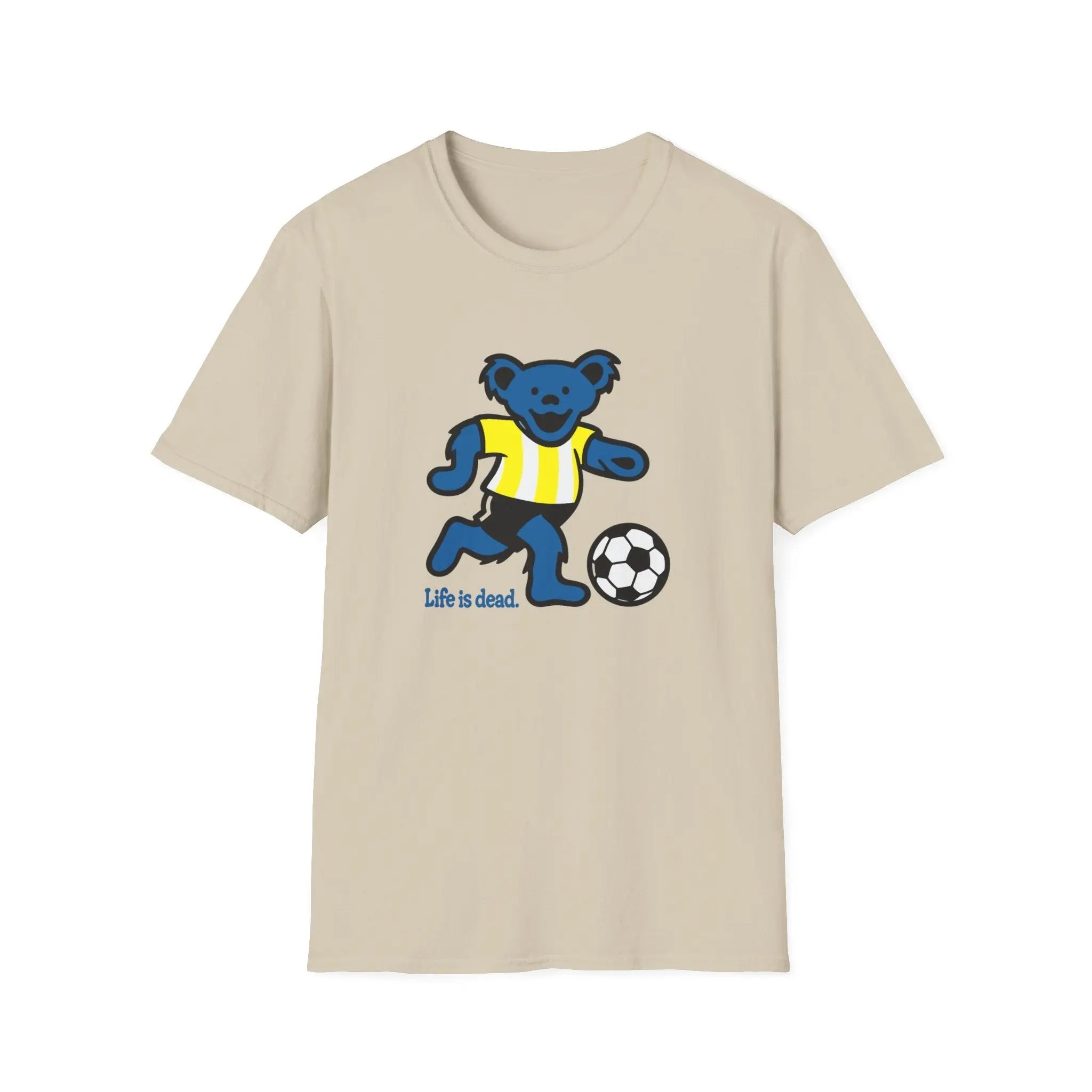 Beige T-shirt with blue bear playing soccer and “Life is dead.” print