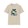 Beige T-shirt with blue bear playing soccer and “Life is dead.” print