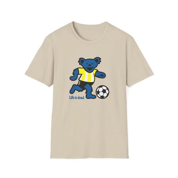Beige T-shirt with blue bear playing soccer and “Life is dead.” print