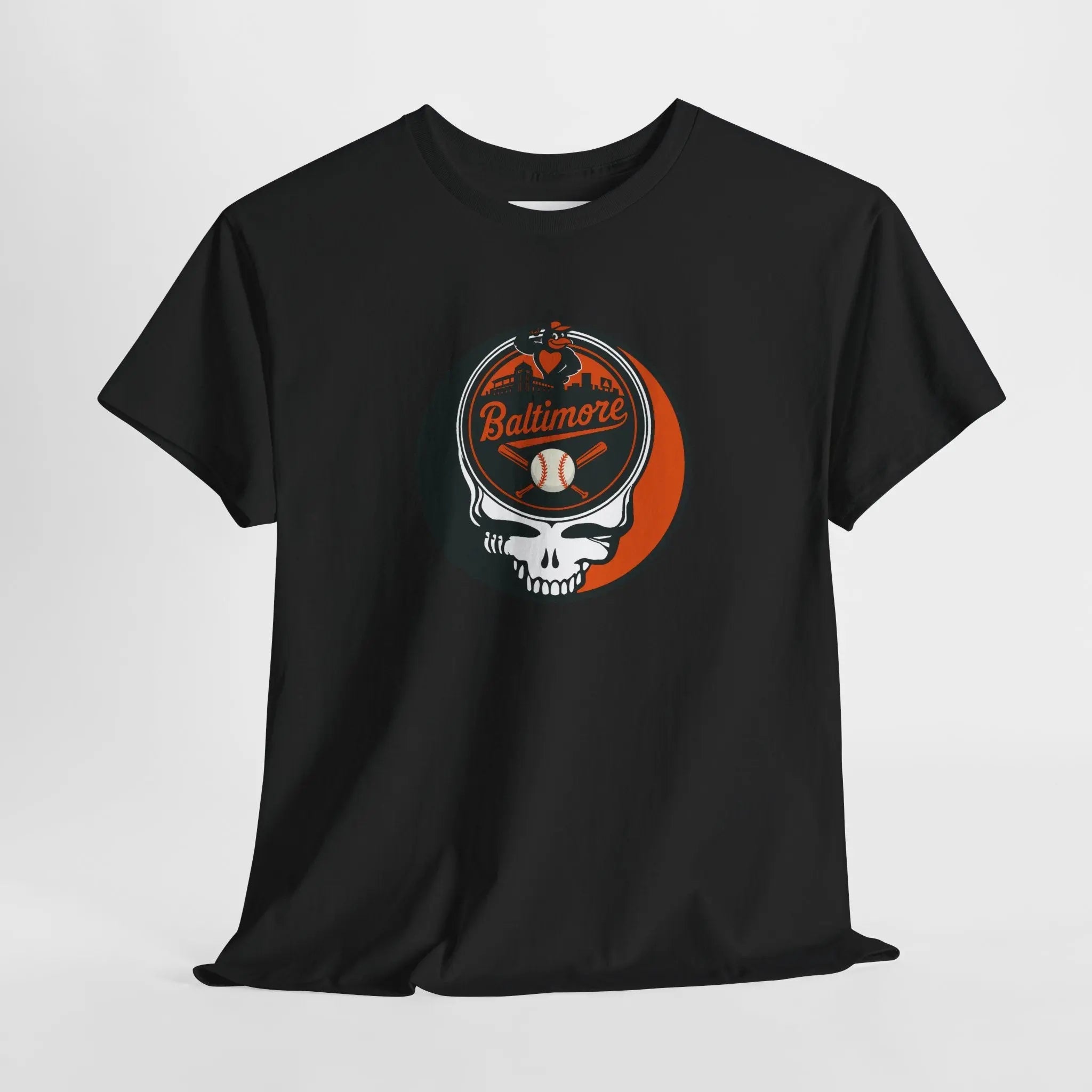 Black graphic T-shirt with circular Stealie skull Baltimore Orioles logo
