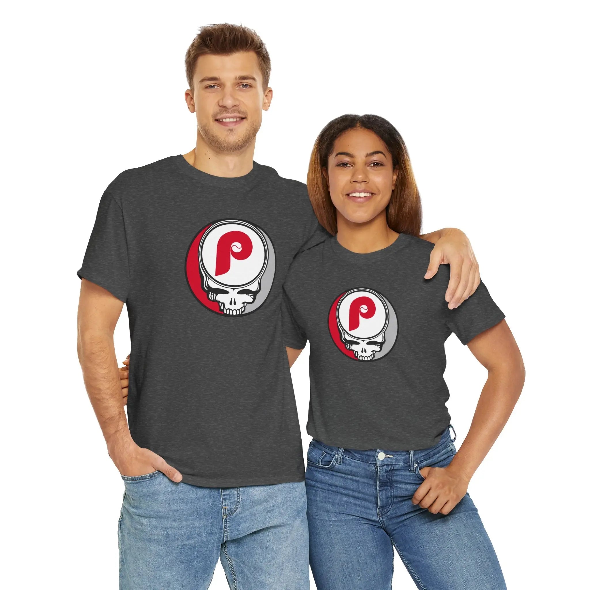 Charcoal gray short-sleeve T-shirt with circular P skull team logo