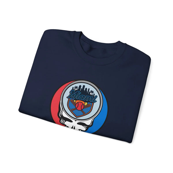 Navy crewneck sweatshirt with Miami Marlins skull emblem graphic