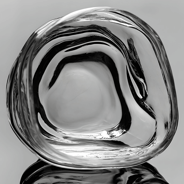 Crystal whisky glass viewed from above, clear glass with dark curved ripples.