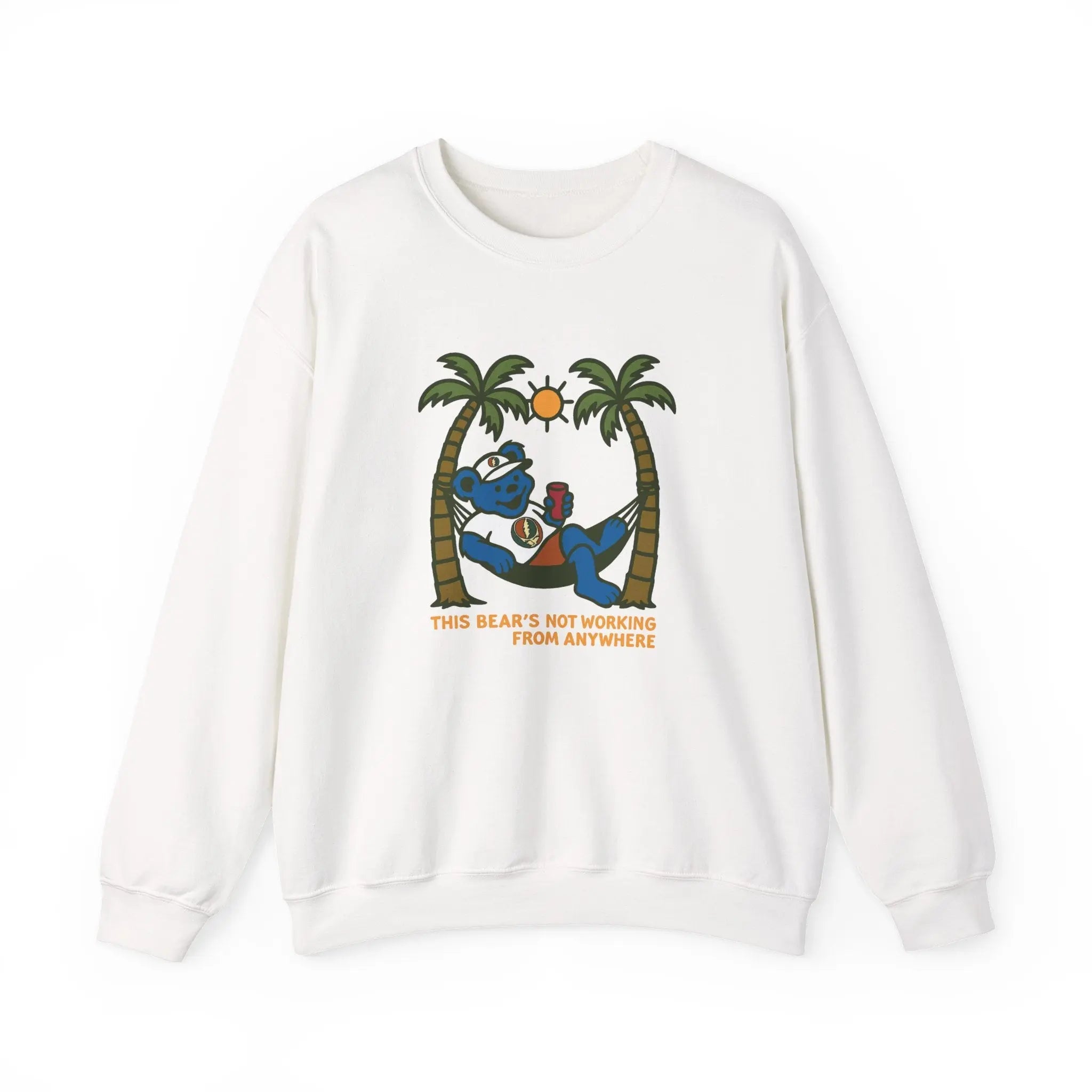 White crewneck sweatshirt with front graphic of a bear among palm trees