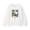 White crewneck sweatshirt with front graphic of a bear among palm trees