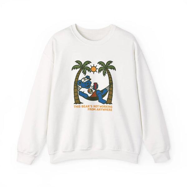 White crewneck sweatshirt with front graphic of a bear among palm trees